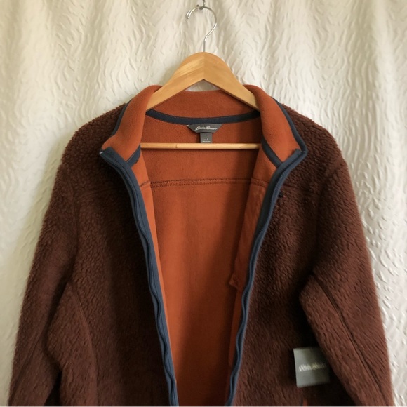 NWT Eddie Bauer Men's Chilali Faux Shearling Fleece Full Zip Cognac Jacket - Picture 5 of 16